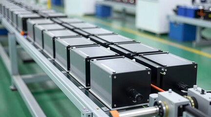 Close-up of a conveyor belt transporting assembled grey and black rectangular product units