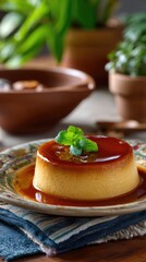 Delicious golden Mexican flan dessert with a glistening rich caramel glaze, fresh mint leaves, elegantly presented on a rustic wooden table for an exquisite creamy indulgence.