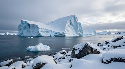 Massive iceberg floating in antarctic waters surrounded by snow covered rocks on the shore