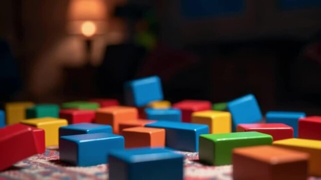 Colorful wooden toy blocks falling and scattering dynamically on a patterned rug for childhood play or complex problem-solving concept