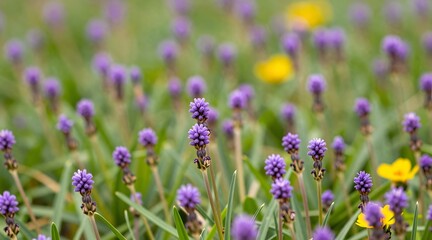 Liriope muscari flowers blooming in a field, with a few yellow flowers in background