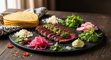 Authentic Mexican beef steak with zesty green sauce, warm corn tortillas, fresh cilantro, radishes, and pickled onions prepared beautifully for a flavorful meal.