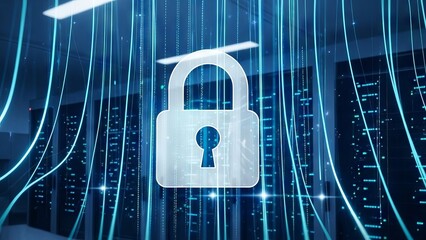 Secure Digital Network with Padlock Symbol and Abstract Data Streams