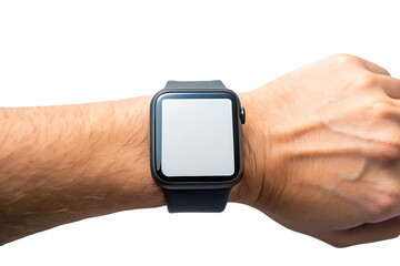 Human hand holding smartwatch on wrist close up isolated on a transparent background black smartwatch