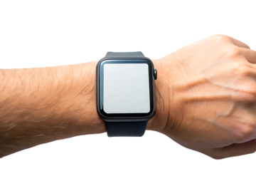 Human hand holding smartwatch on wrist close up isolated on a transparent background black smartwatch