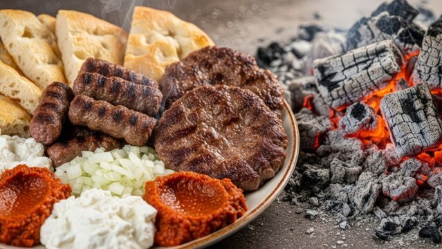 Serbian Cevapi and Pljeskavica Platter with Grilled Meats and Sides