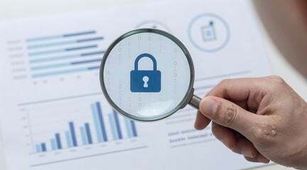 Person holds magnifying glass over blue padlock icon on a chart and binary code