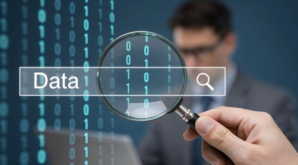 Searching through binary code data with a magnifying glass concept illustration