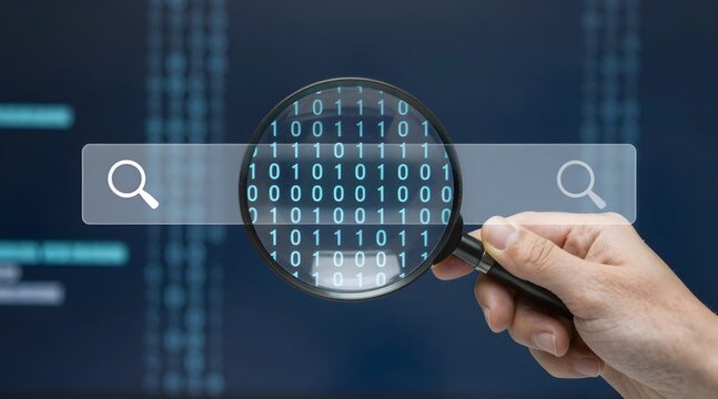 Examining binary code with magnifying glass for security purposes - Powered by Adobe