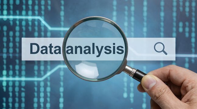 Magnifying glass focusing on data analysis search over blue binary code backdrop - Powered by Adobe