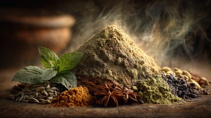 Aromatic spice mix with fresh mint leaves, star anise, cardamom pods, and various ground seasonings piled on a rustic wooden surface, emitting gentle wisps of fragrant steam, evoking warmth