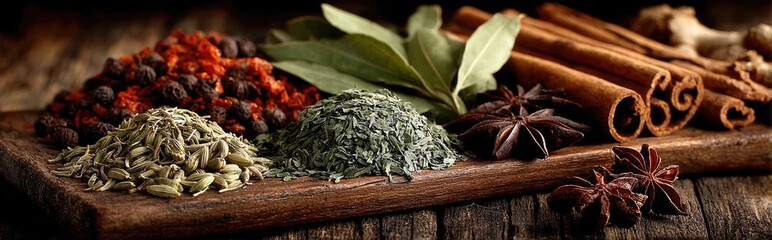 Aromatic collection of dried herbs and whole spices, including cardamom pods, green flakes, red chili flakes with peppercorns, star anise, cinnamon sticks, and bay leaves, arranged on a rustic board.