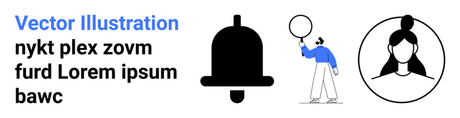 Obraz premium Notification bell, outlined female avatar, and a person holding a speech bubble in a clean, modern design. Ideal for communication, alerts, profiles, notifications, messaging social media simple