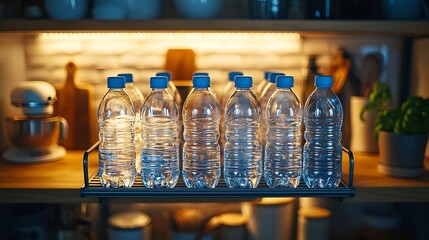 Transparent Plastic Water Bottles Neatly Arranged In a Metal Rack a Kitchen Shelf With Soft Lighting and a Minimalist Background