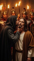 Jesus Christ receives betrayal kiss from cloaked figure amidst Roman soldiers holding torches, symbolizing a pivotal religious moment and a dark act of treachery.