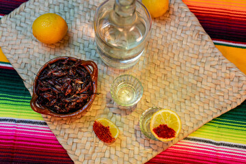 Mezcal drink with chapulines, lemon, salt, and chili