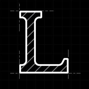 Letter L Logo in the form of a drawing fragment. Vector icon for industrial design organization. Cross-section of a hot-rolled angle with centerlines.