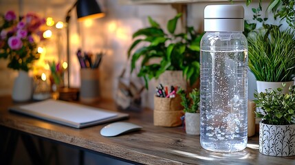 Water Dispenser With Clear Plastic Bottle a Modern Stand Near a Home Office Setup Showcasing Hydration and Functionality