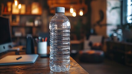 Water Dispenser With Clear Plastic Bottle a Modern Stand Near a Home Office Setup Showcasing Hydration and Functionality