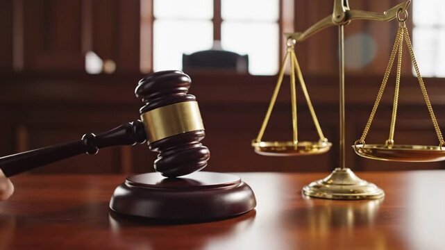 Judgement in Court: A Close Up of Gavel Striking Sound with Scales of Justice on a Wooden Table
