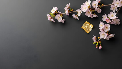 夜桜をイメージした消炭色の和風背景。金箔と桜の装飾を右上に配した、シックで高級感のあるデザイン用の広大な余白素材。