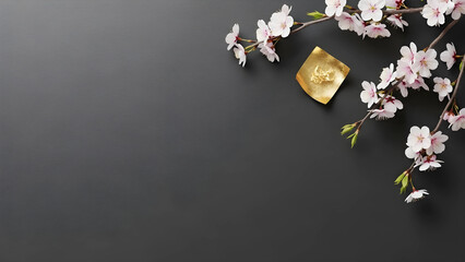 夜桜をイメージした消炭色の和風背景。金箔と桜の装飾を右上に配した、シックで高級感のあるデザイン用の広大な余白素材。