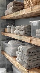 Wooden Bathroom Shelf With Everyday Used Towels Hanging Neatly Alongside Functional Storage Containers In a Minimalist Domestic Room