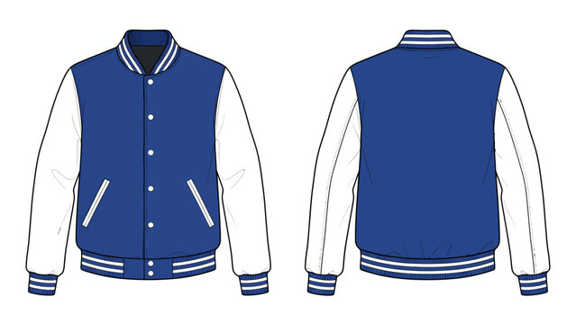Unisex Varsity Bomber Jacket with Contrast Raglan Sleeves and Snap Button Front - Royal Blue and White Casual Sportswear Fashion Flat Technical Drawing Illustration