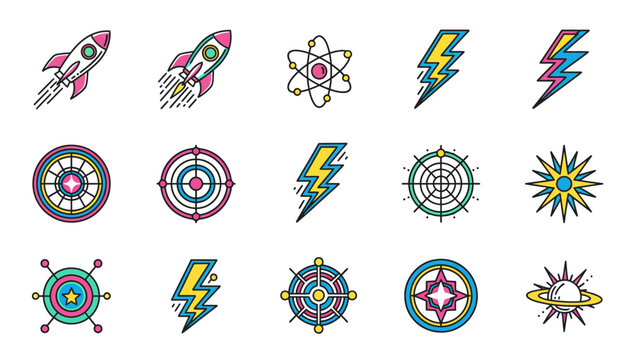 Set of 16 Colorful Energy Power and Speed Icons - Rocket Lightning Atom Bolt Vector Illustration Pack