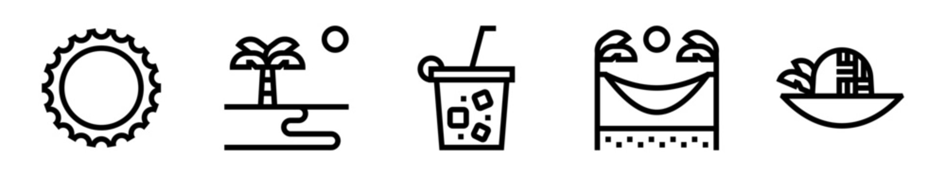 Conjunto de iconos de verano. Vacaciones tropicales, clima soleado, descanso en la playa y estilo de vida. Ilustraci&oacute;n vectorial lineal