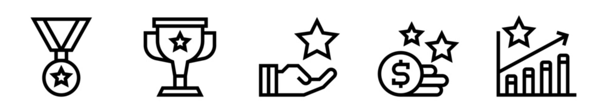 Conjunto de iconos de recompensa. Logros profesionales, reconocimiento, &eacute;xito financiero y resultados destacados. Ilustraci&oacute;n vectorial lineal