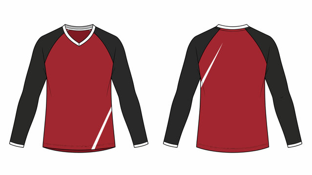 Men's Long Sleeve Sports T-Shirt with Contrast Raglan Sleeves and Diagonal Stripe - Red and Black Athletic Jersey Fashion Flat Technical Drawing Illustration