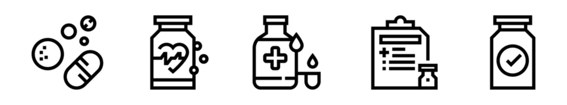 Conjunto de iconos de medicamento. Tratamiento m&eacute;dico, salud farmac&eacute;utica, control terap&eacute;utico y prescripci&oacute;n cl&iacute;nica. Ilustraci&oacute;n vectorial lineal