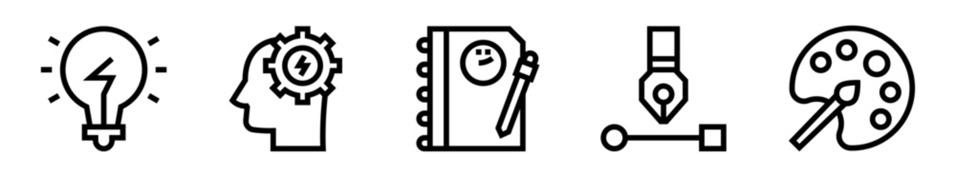 Conjunto de iconos de proceso creativo. Ideas innovadoras, dise&ntilde;o gr&aacute;fico, inspiraci&oacute;n visual y desarrollo conceptual. Ilustraci&oacute;n vectorial lineal