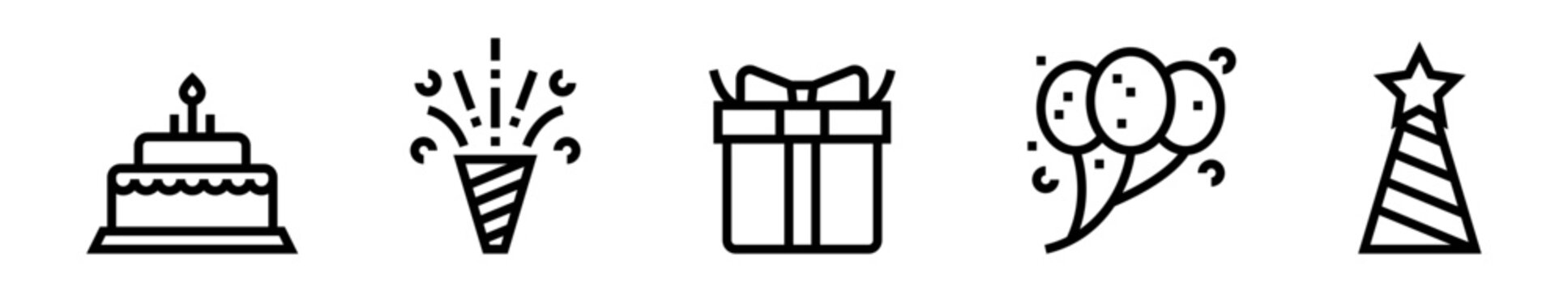 Conjunto de iconos de cumplea&ntilde;os. Celebraci&oacute;n, fiesta, regalos, decoraci&oacute;n festiva y eventos especiales. Ilustraci&oacute;n vectorial lineal