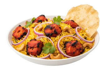 tandoori chicken over saffron rice with onion rings and papadum