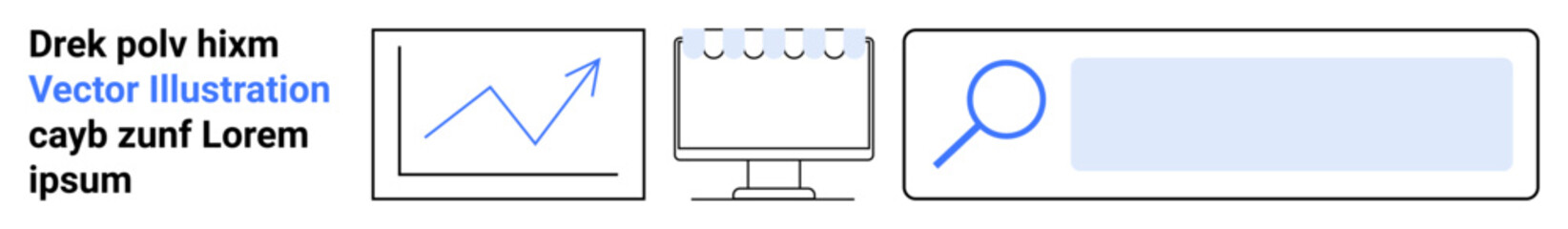 Fototapeta premium Business analytics, web search, data visualization, tech tools, research, digital workflow. Graph with upward trend, monitor search bar with magnifying glass. Business analytics and web search
