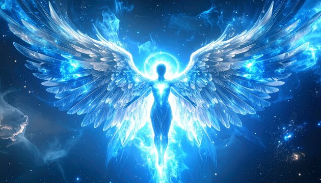 Luminous Angelic Being with Crystalline Wings in a Blue Cosmic Nebula