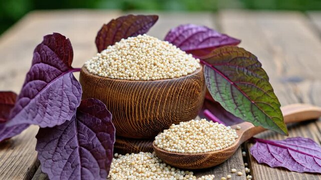 Close-up of a wooden bowl overflowing with quinoa grains, surrounded by decorative purple and green leaves on a rustic wooden surface.