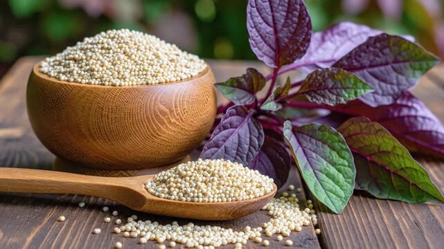 Wooden bowl and spoon filled with amaranth seeds on a rustic wooden table with vibrant purple and green leaves in soft focus background