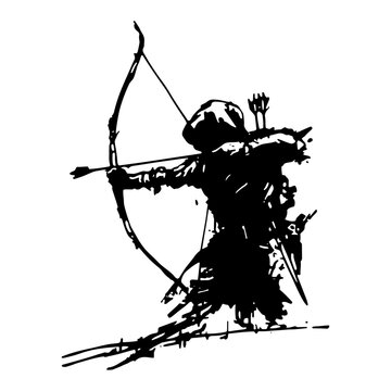 Dynamic silhouette of a hooded archer aiming a bow with an arrow