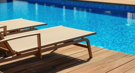 Poolside loungers on wooden deck beside clear blue pool with sunlight reflections