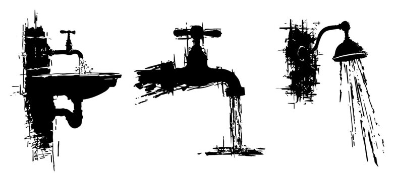 Vector collection of bathroom fixtures featuring sink faucet and shower head