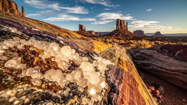 Scenic perspective of vibrant petrified wood with stunning views of the iconic Monument Valley desert landscape under a clear blue sky