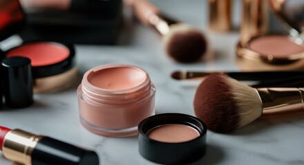 Cosmetics collection arranged on a marble surface for makeup artistry tools