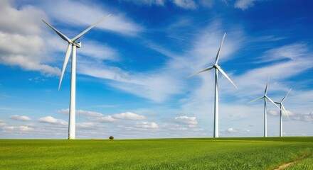 Fototapeta premium Wind turbines stand tall across a green field under a bright blue sky