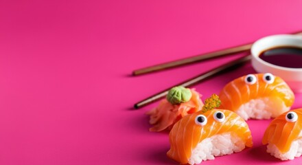 Salmon nigiri sushi bites with playful eyes on a vibrant pink background
