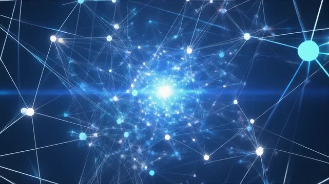 Radiating neural network with glowing central node on dark blue background