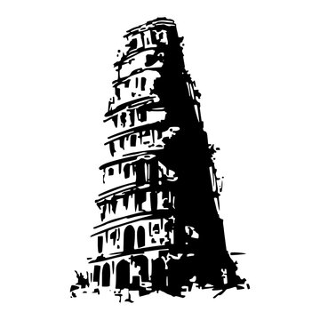 Artistic ink sketch vector illustration of a tall ancient ruined tower like Babel