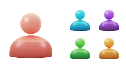 Set of five colorful 3D glossy user profile avatars isolated on a transparent background for modern UI and UX design.
